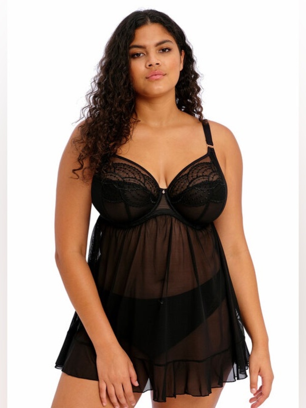 Elomi Priya Black Sheer Mesh Babydoll Chemise 40DDD NWT Lingerie